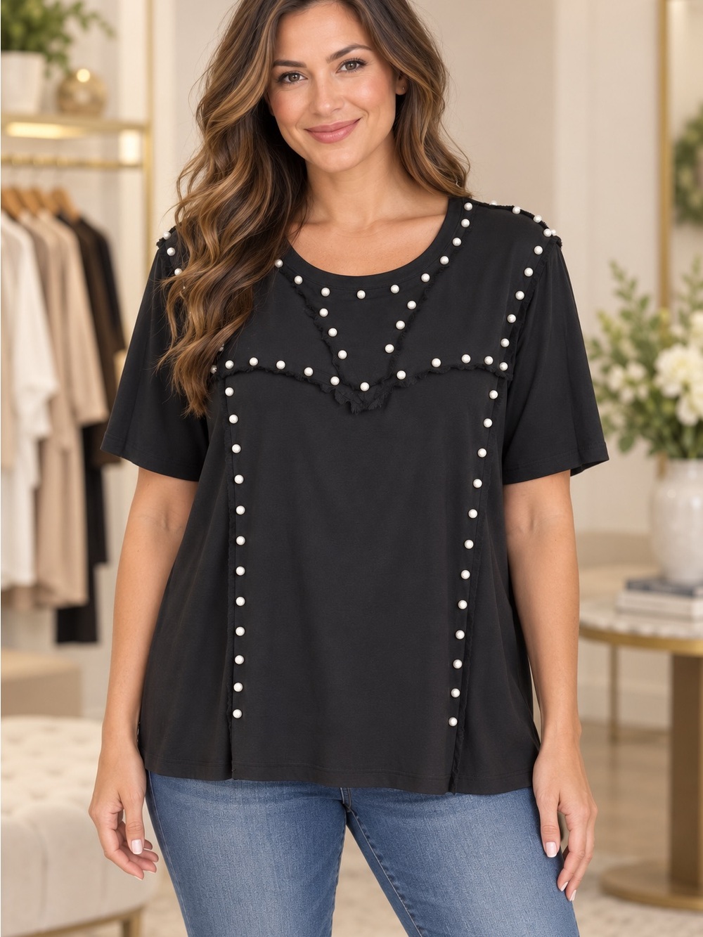 POL Black Short-Sleeve Top with Pearl Trim (090668) ☀️ ☁️